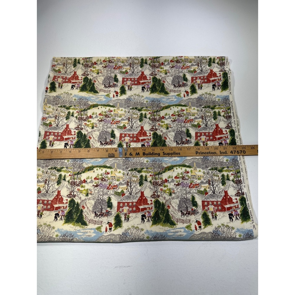 Grandma Moses Deep Snow Winter Village Folk Art Cotton Fabric Remnant 84"x22.5"